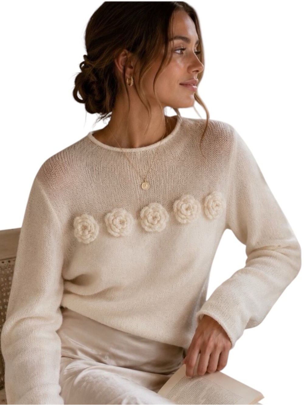 Commense Cream Floral Appliqué Sweater Wool Mohair Size Large
